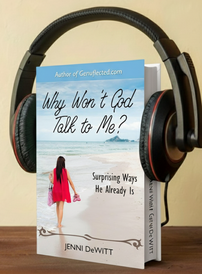 Audiobook titled "Why Won't God Talk to Me?" by Jenni DeWitt with headphones on a wooden surface.